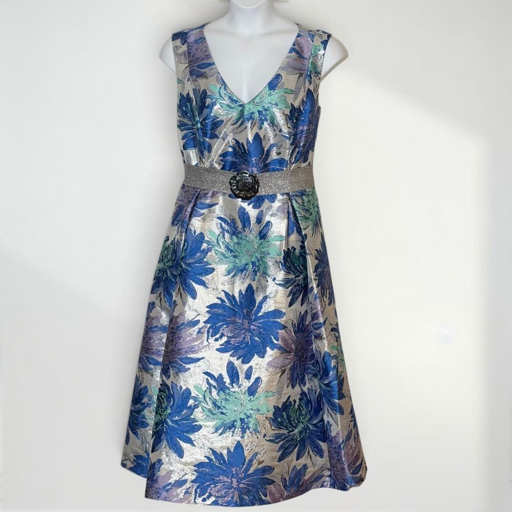 Adrianna Papell 16W Blue Silver Metallic Jacquard Midi Dress Pockets Wedding - Picture 3 of 13